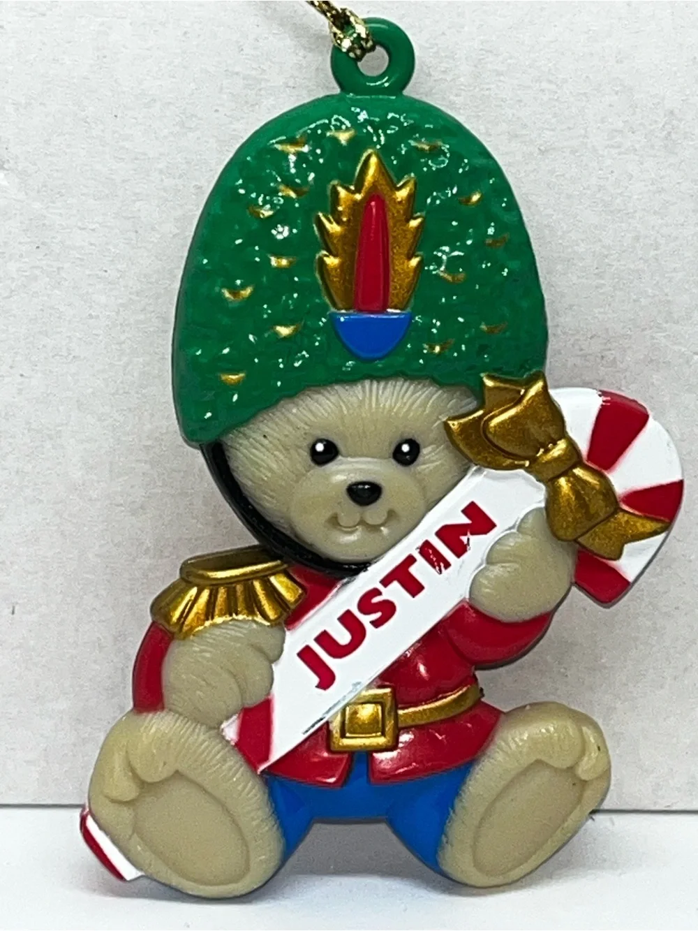 Vintage 1990’s Personalized British Teddy Soldier Ornament - Green Helmet, Red